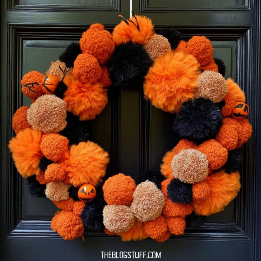 Halloween wreath with orange and black pom-poms and small pumpkins.