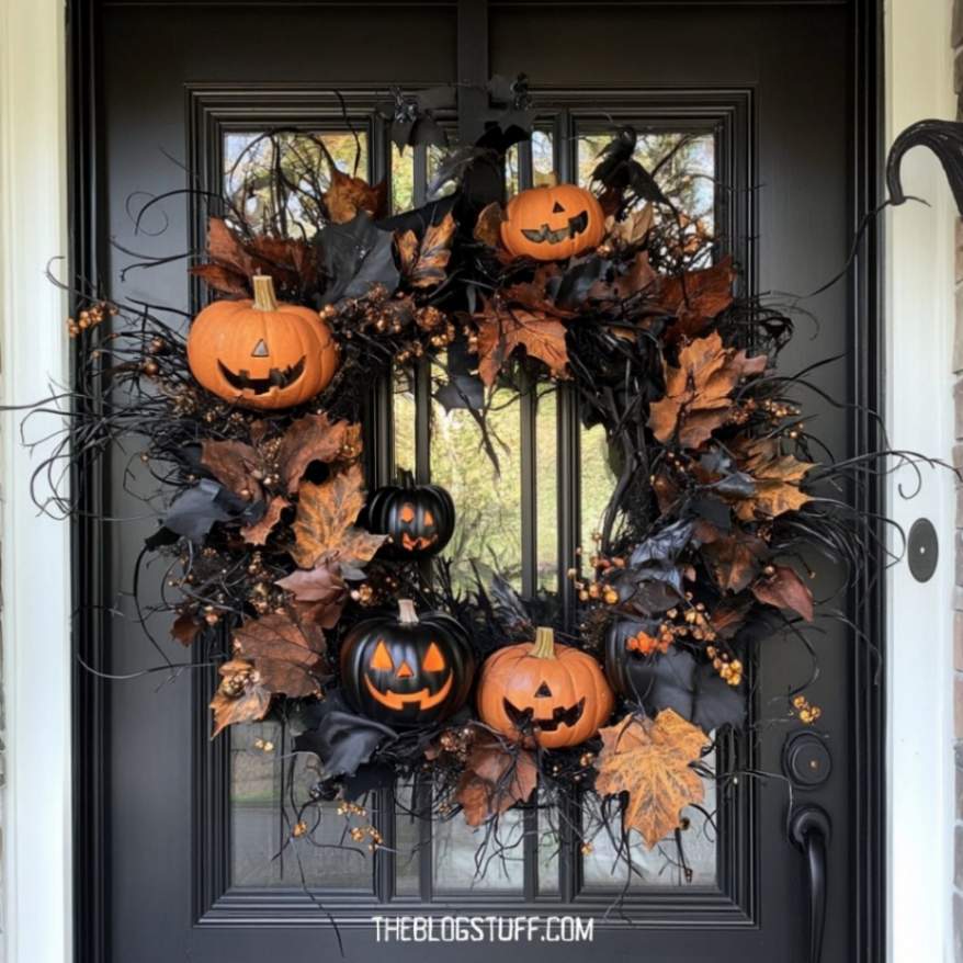 Wreath with jack-o'-lanterns and fall leaves on a front door.