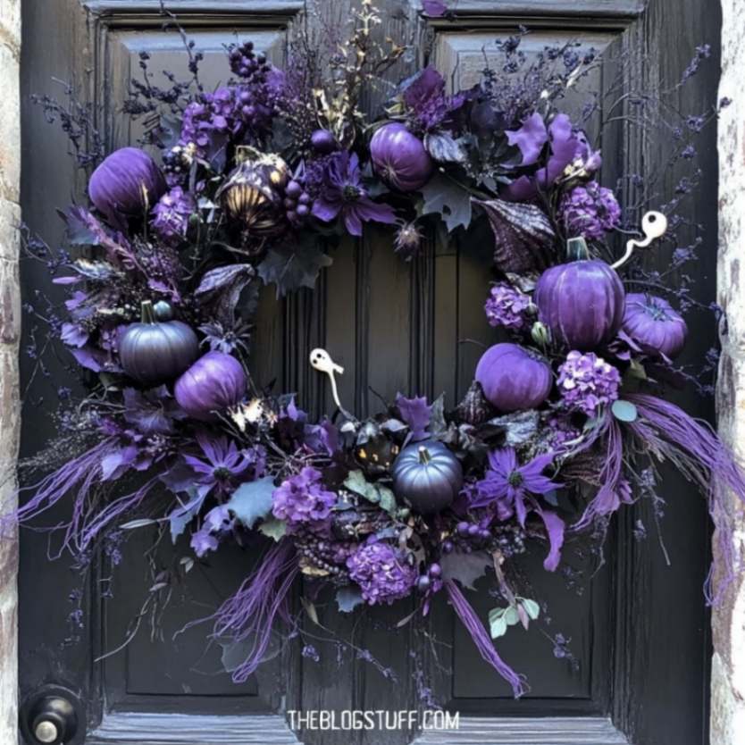 Purple Halloween wreath with pumpkins, flowers, and spooky details, perfect for a chic and mysterious Halloween door decoration.