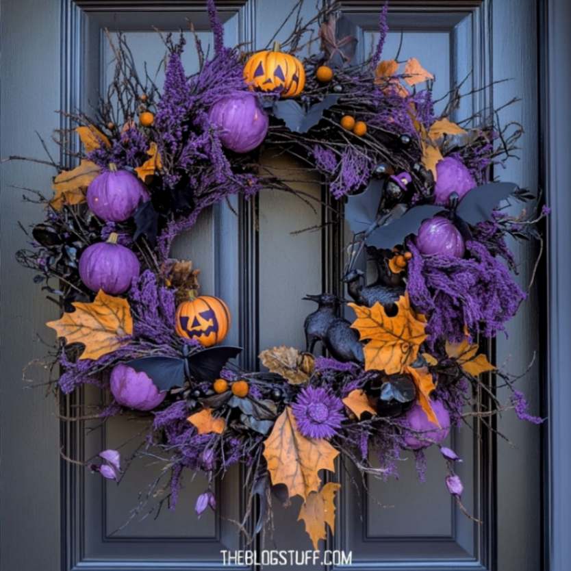 Halloween wreath with purple and orange pumpkins, bats, and autumn leaves, creating a festive and spooky display on a dark door.