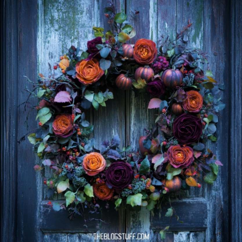 Rustic autumn wreath with purple and orange flowers, small pumpkins, and greenery, perfect for Halloween and fall decor.