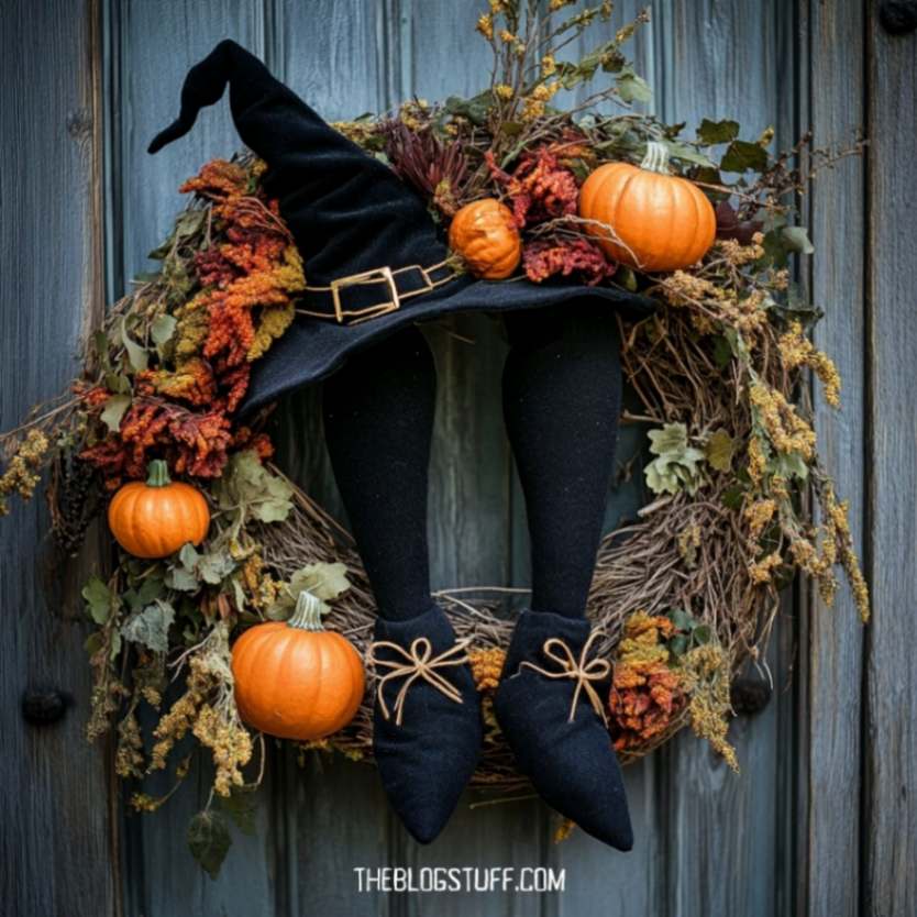 Halloween wreath with a black witch hat, boots, small pumpkins, and autumn leaves, hanging on a rustic wood door.