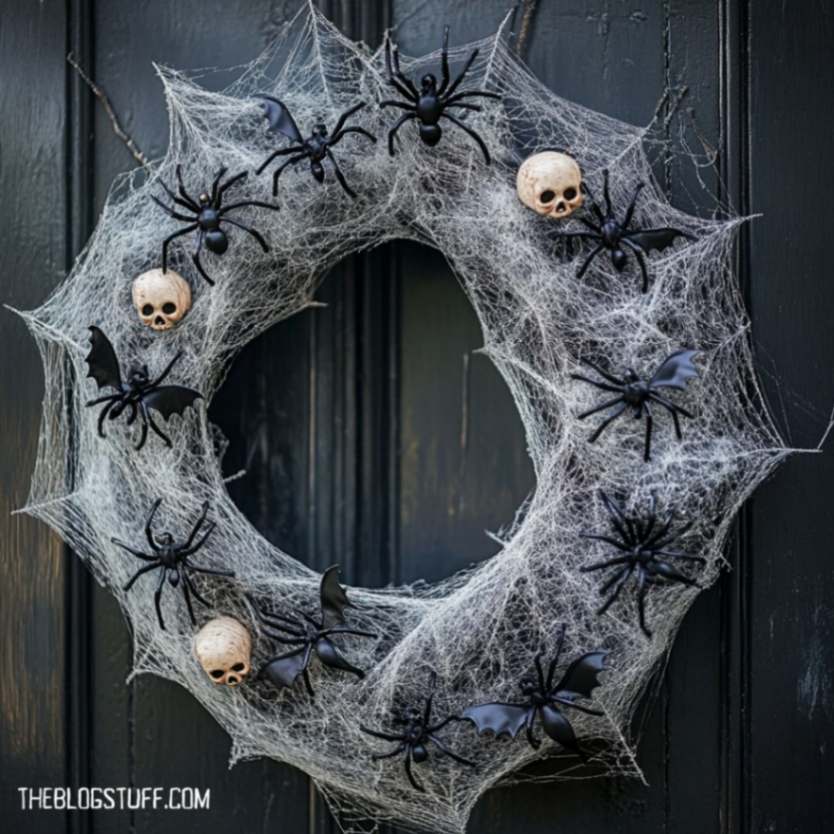 Halloween wreath wrapped in spiderwebs, featuring black spiders, bats, and mini skulls for a haunted touch to your holiday decor.