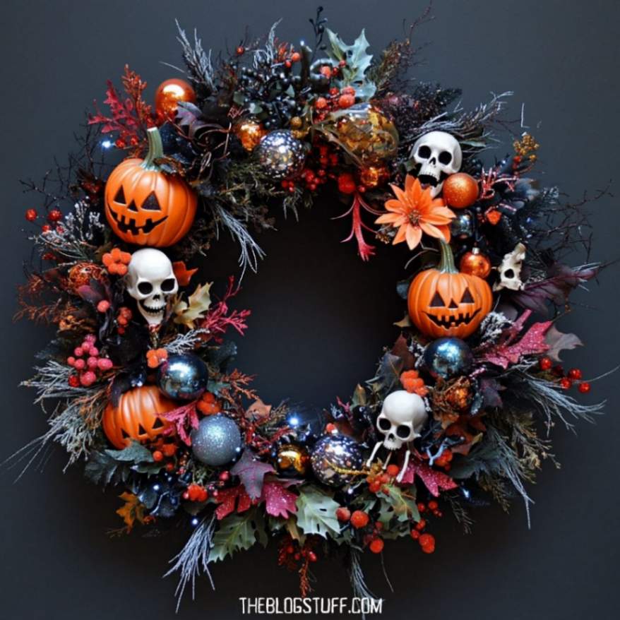 Halloween wreath with skulls, jack-o'-lanterns, and glittery decorations.