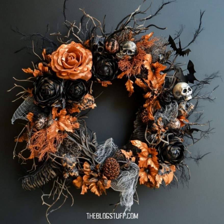 Halloween wreath with black roses, orange leaves, and skulls.