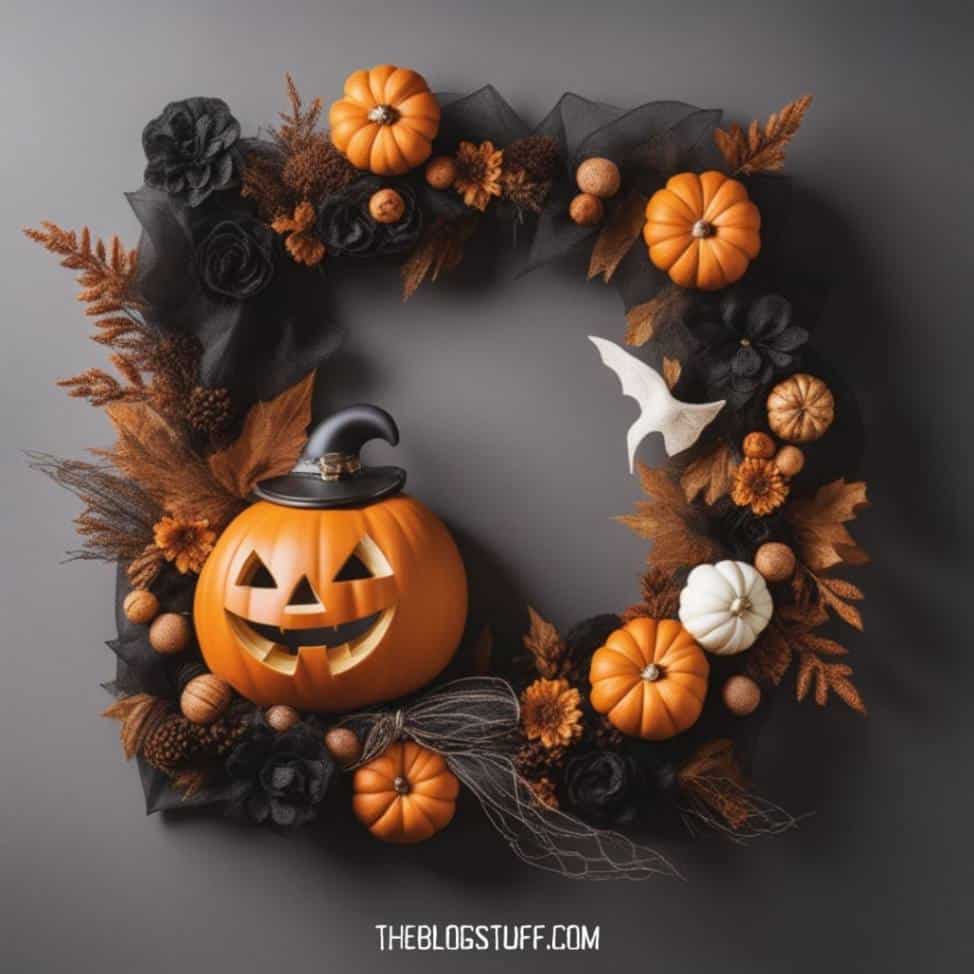 Square wreath with jack-o'-lantern and fall accents.