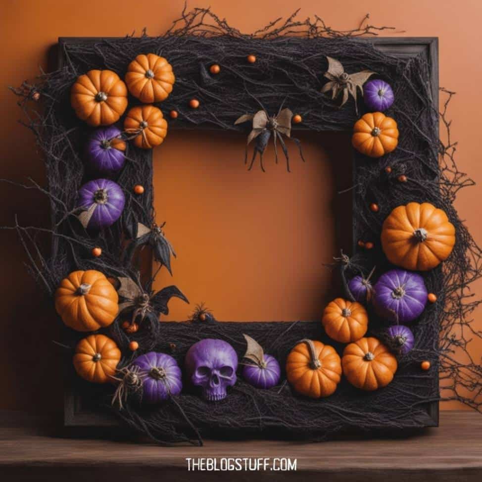 Square Halloween wreath with orange and purple pumpkins, a purple skull, and eerie spiders on black netting, set against a warm orange backdrop.