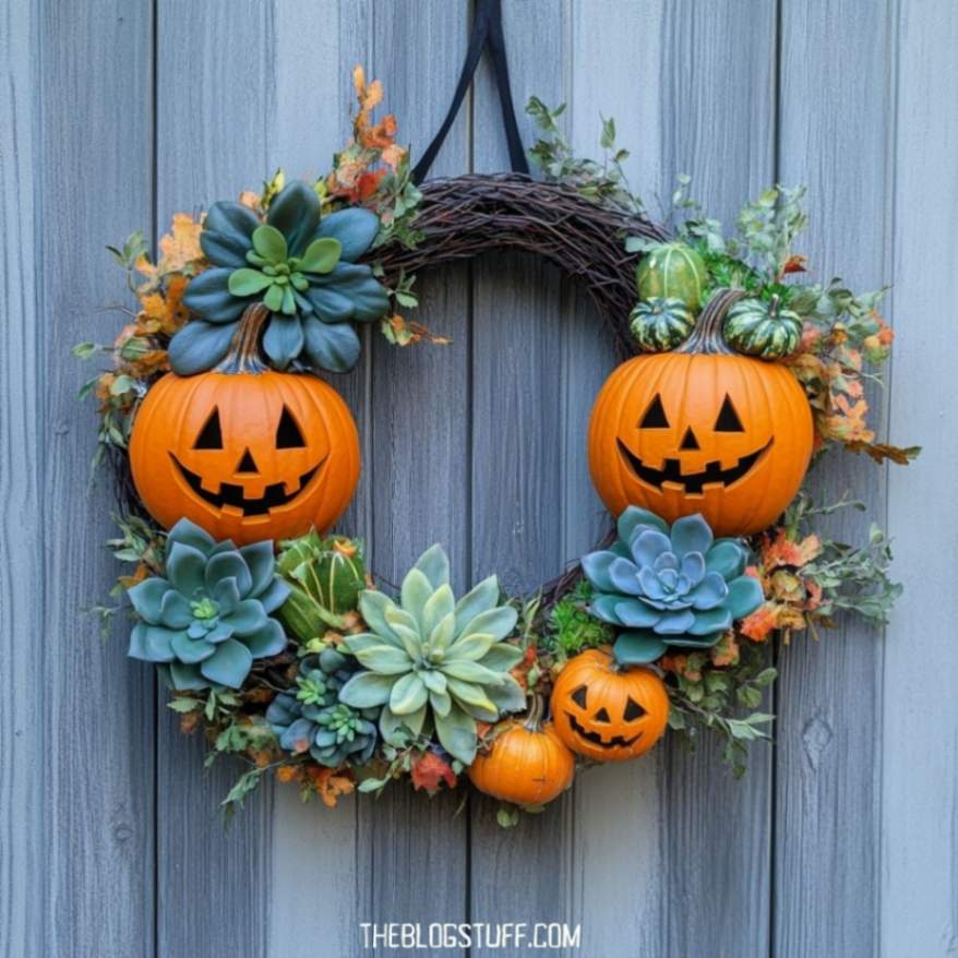 Wreath with pumpkins and succulents for fall decor.