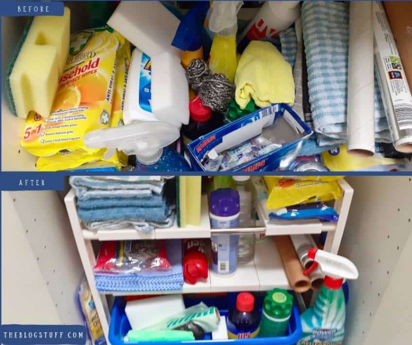 Before and after under-sink organization with cleaning supplies, showing cluttered versus neatly arranged items.