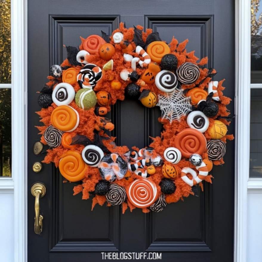 Orange and black Halloween wreath with candy and spiderweb accents.