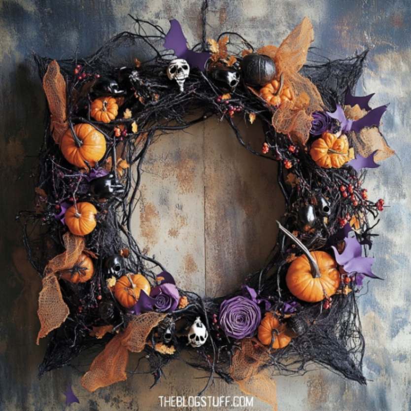 Halloween wreath with pumpkins, skulls, and purple decorations.