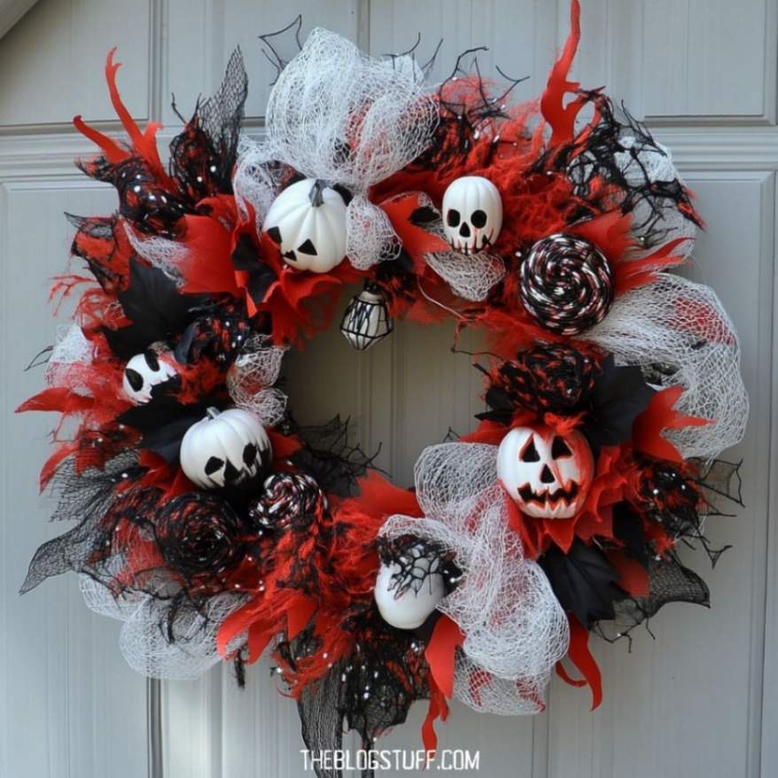 Red and black wreath with mesh, white pumpkins, and Halloween accents.