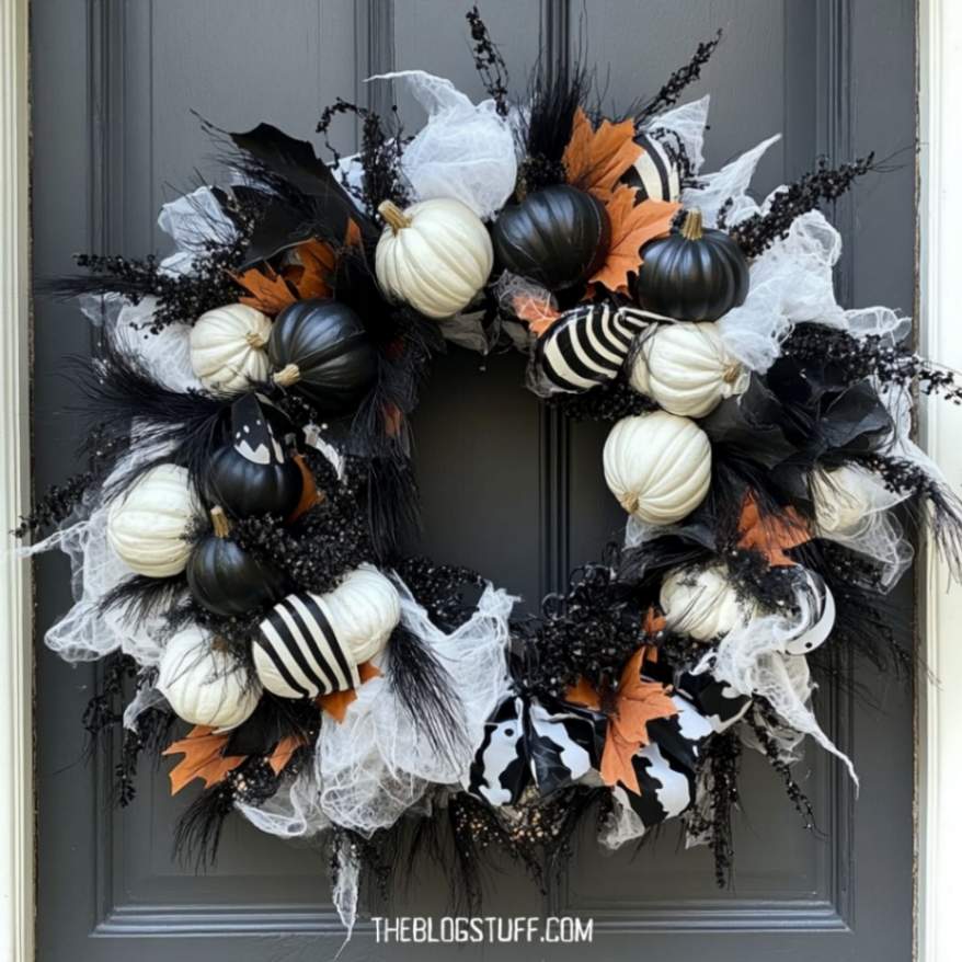 Black and white Halloween wreath with pumpkins and mesh.