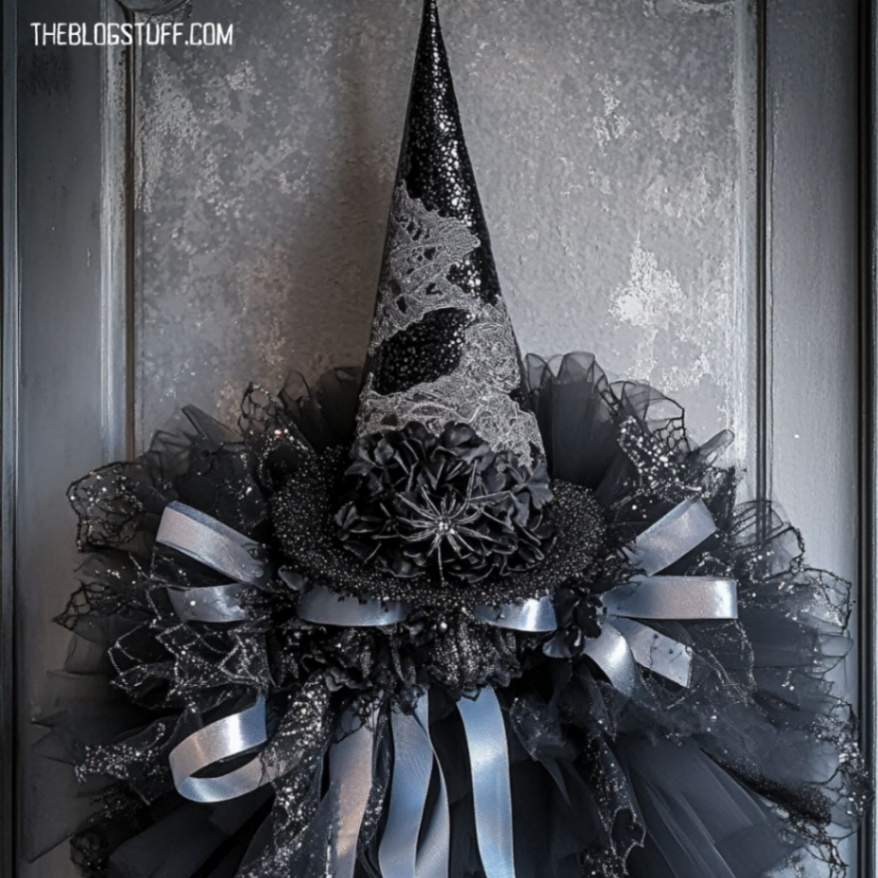 Halloween wreath featuring a black witch hat with silver ribbons, creating an eerie yet stylish look for your Halloween decorations.