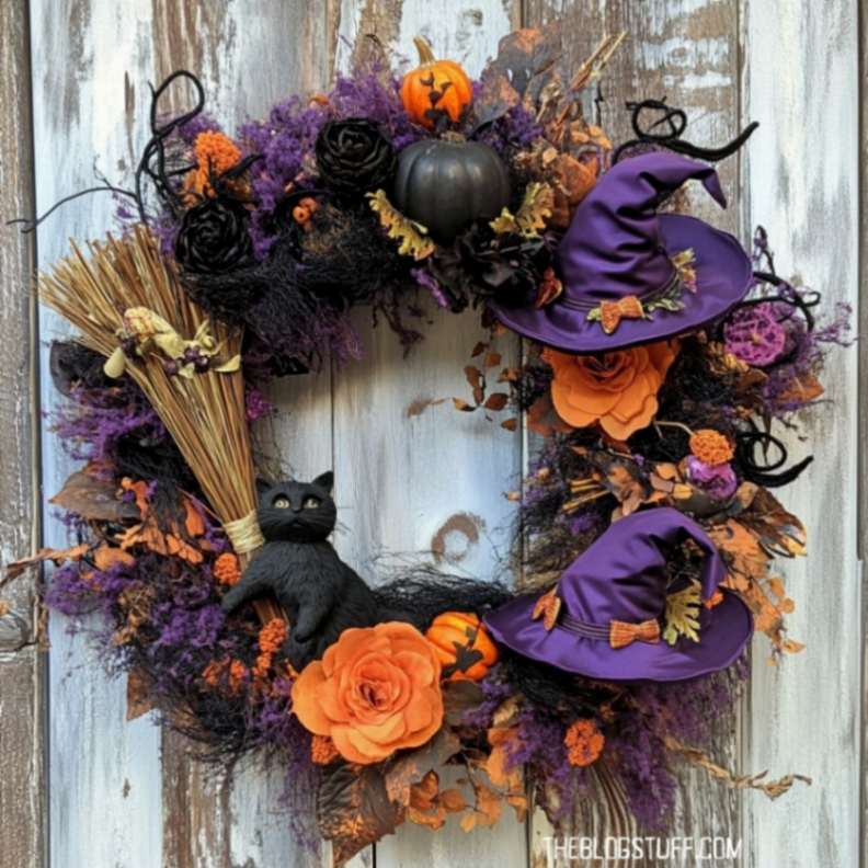 Halloween wreath with purple witch hats, a black cat, orange roses, and rustic fall elements on a wooden background.