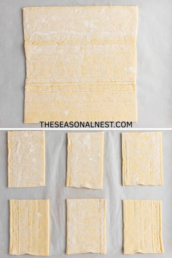Flaky puff pastry cut into rectangles for making easy upside-down apple tarts.
