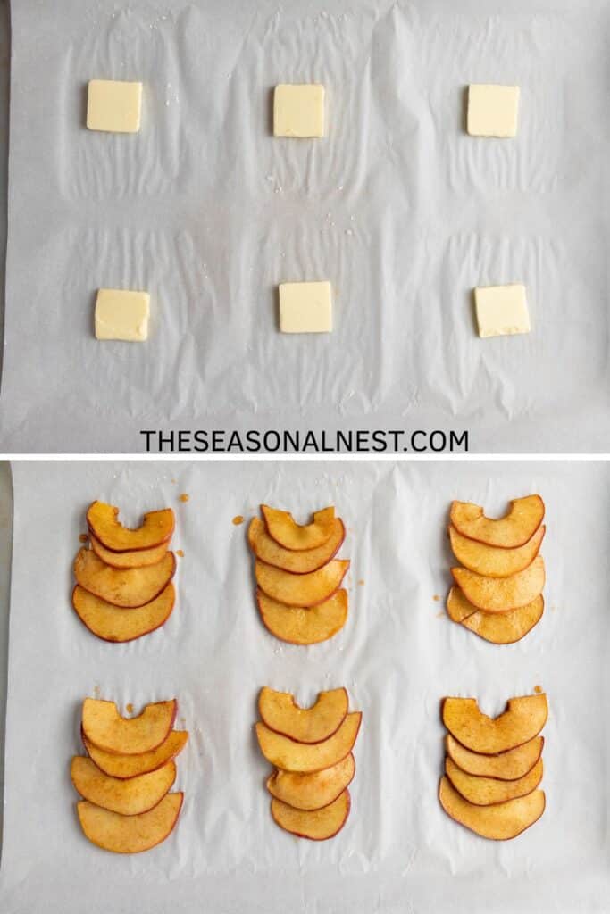 Butter squares topped with cinnamon apples ready to be baked into puff pastry apple tarts.