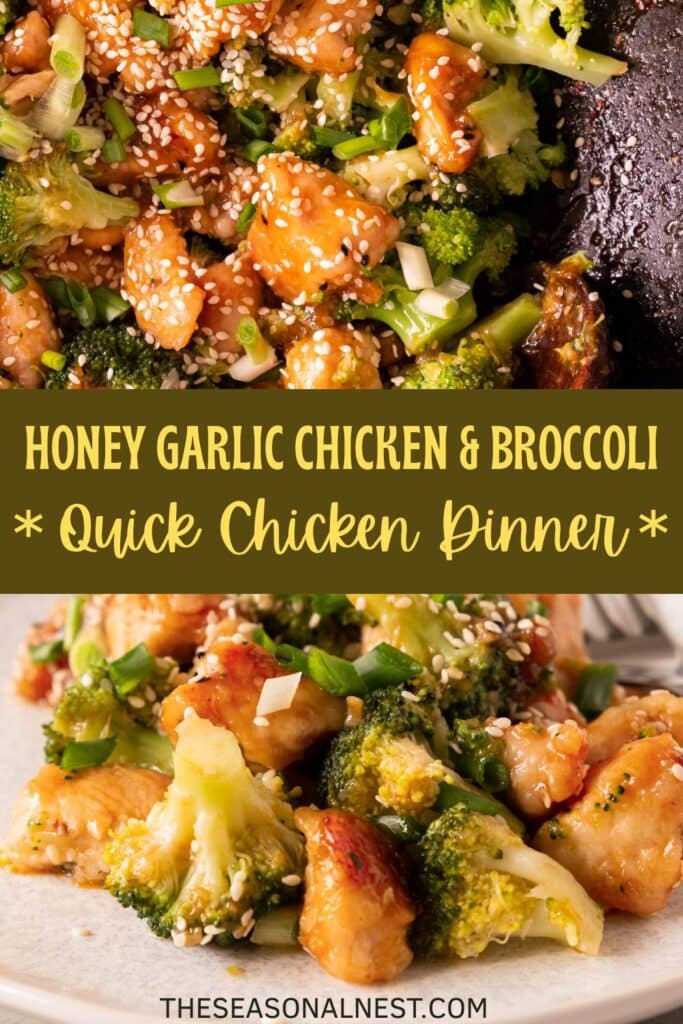 Honey garlic chicken with broccoli in a skillet, topped with sesame seeds and green onions.