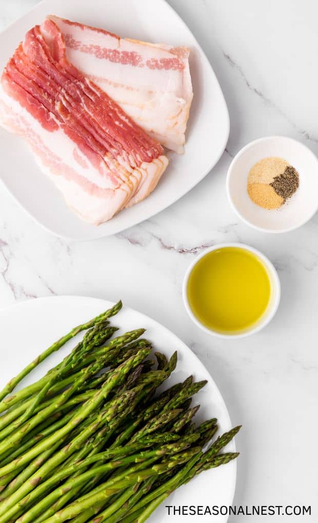 Bacon, asparagus, olive oil, garlic onion and black pepper