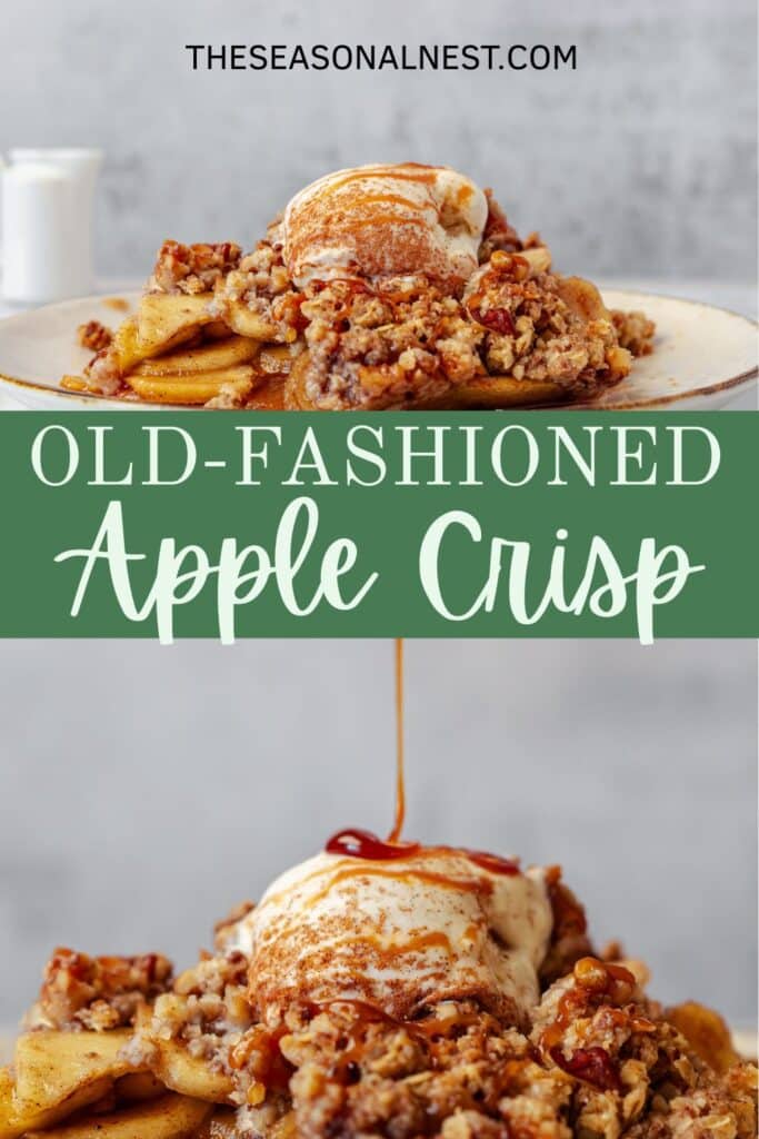 Old-fashioned apple crisp served warm with vanilla ice cream and caramel drizzle on top.