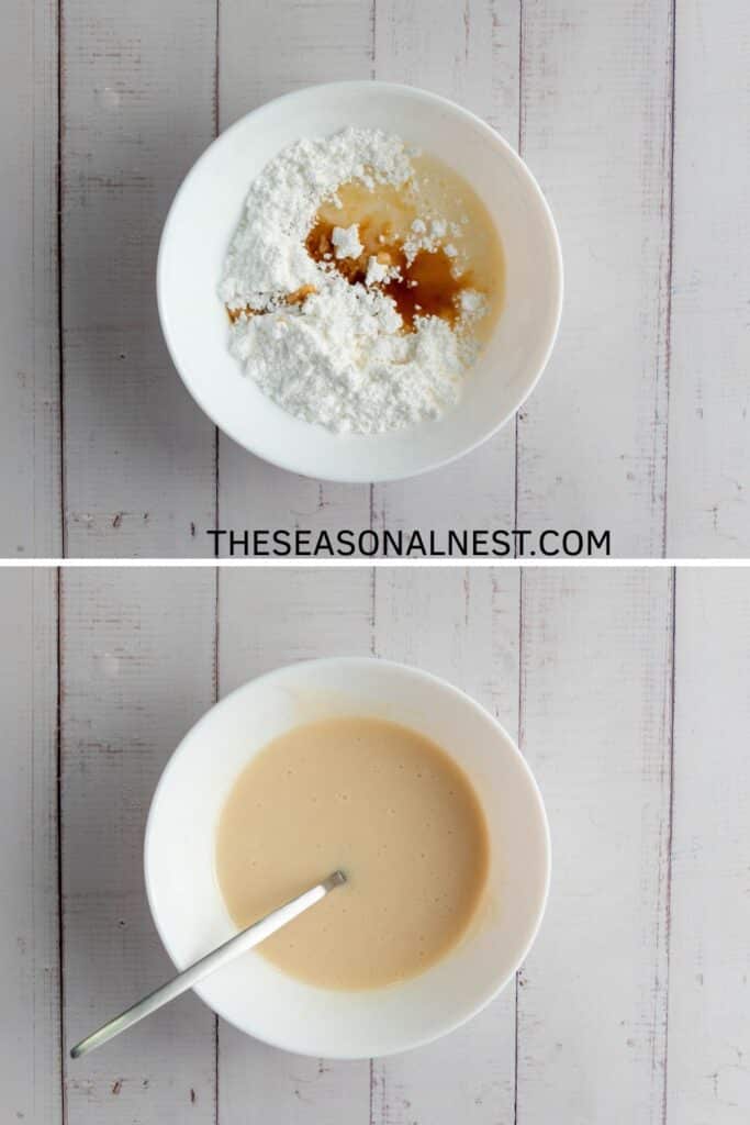 Two bowls, one with powdered sugar and vanilla, the other with smooth glaze mixture.
