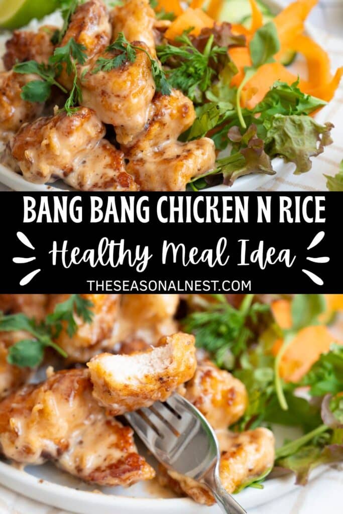 Bang Bang Chicken Rice Bowl Recipe on a plate. Close up of Bang Bang chicken in a fork.