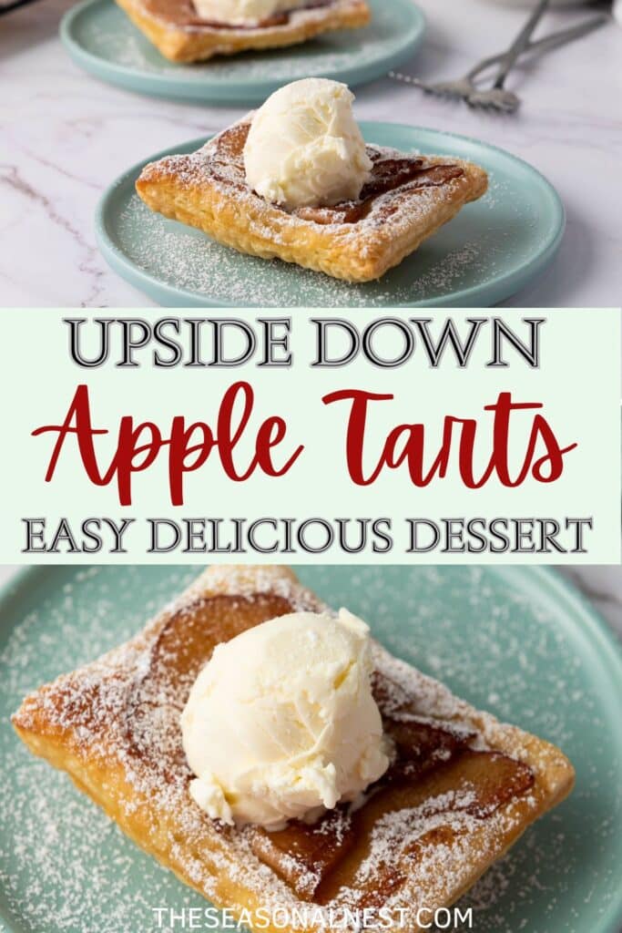 Upside-down apple tart topped with vanilla ice cream and powdered sugar on a plate.