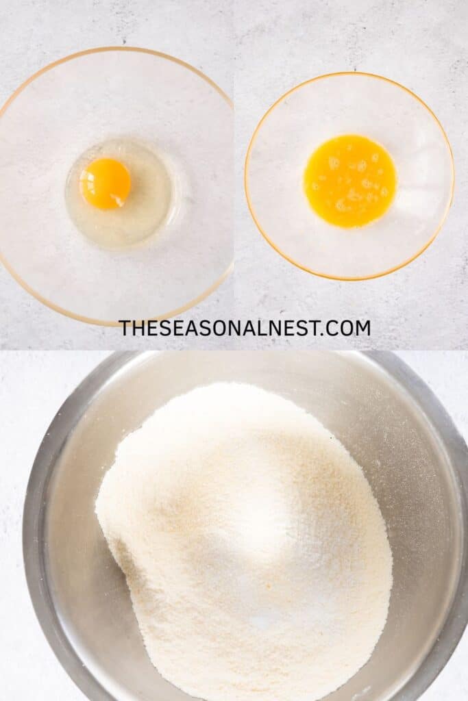 Whisked egg and flour in mixing bowls, step-by-step pancake batter preparation.
