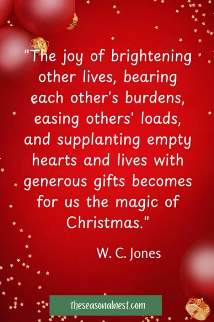 True meaning of Christmas quote on a rich red background adorned with festive ornaments and sparkling golden stars, emphasizing the spirit of generosity.