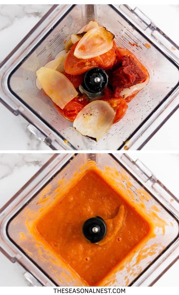 Roasted tomatoes, onions, and tomato paste in a blender before and after blending into smooth homemade tomato soup.