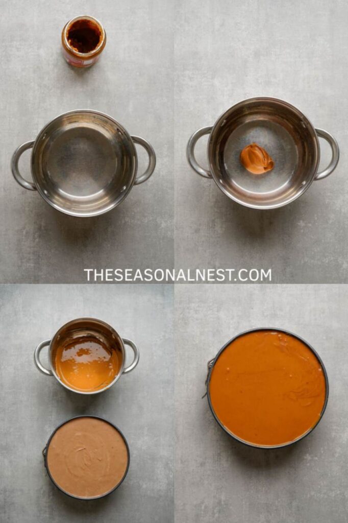 Step-by-step process of melting Biscoff spread for cheesecake topping and pouring it over a creamy no-bake cheesecake.