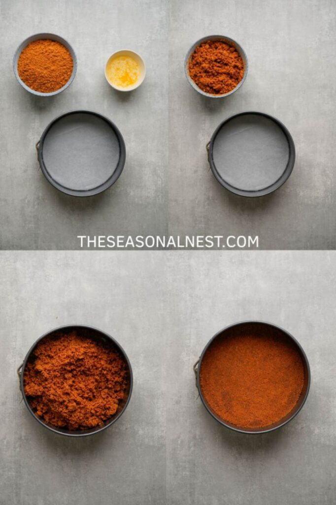 Step-by-step process showing how to make a Biscoff cookie crust by mixing crushed cookies with melted butter and pressing it into a springform pan.
