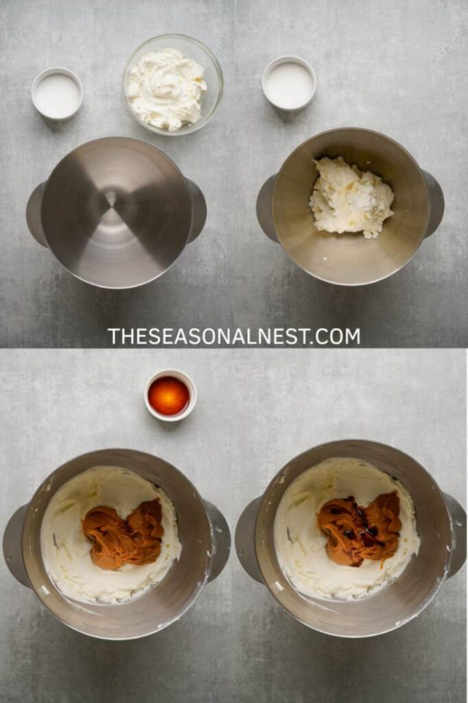 Step-by-step process of mixing cream cheese, sugar, Biscoff spread, and vanilla to prepare the no-bake cheesecake filling.