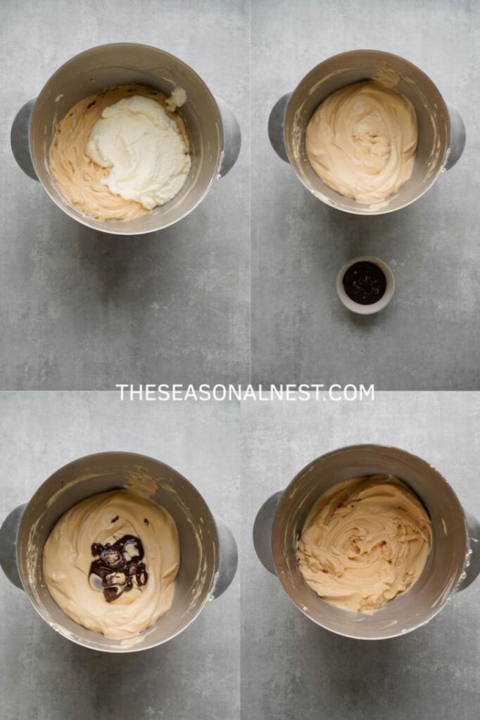 Step-by-step process showing how to make Biscoff cheesecake filling with cream cheese, whipped cream, and melted chocolate.