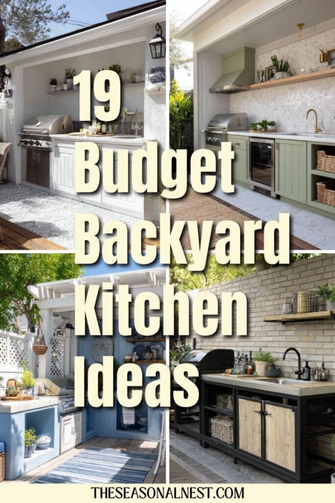 Budget backyard kitchen ideas collage.