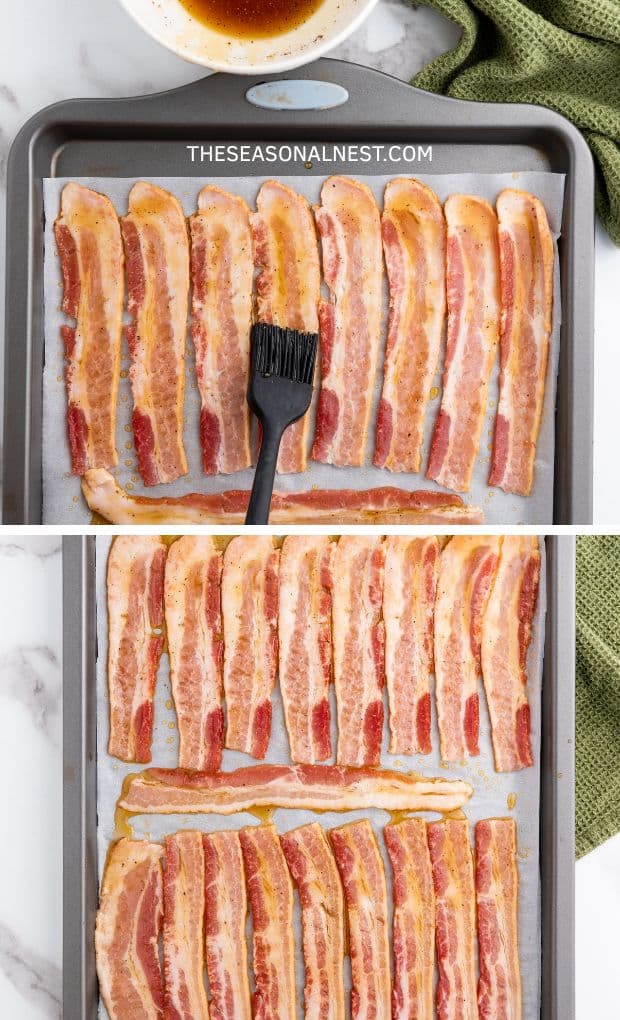 A brush coating bacon slices in a tray.