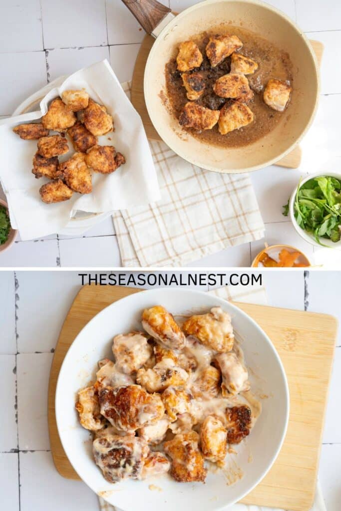 Fried chicken pieces in a frypan and chicken pieces with bang bang sauce.