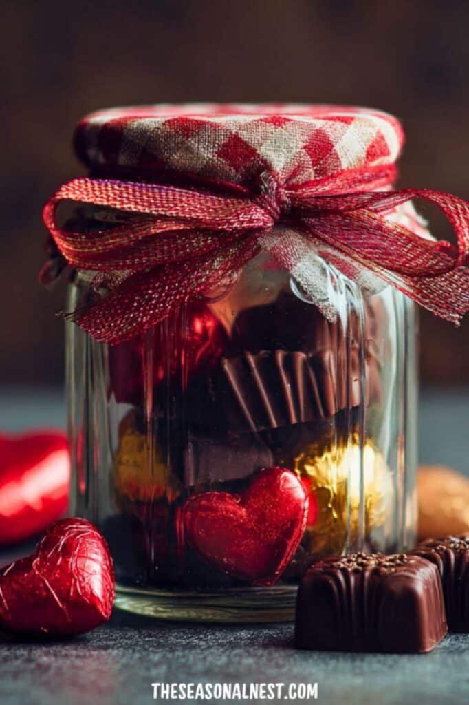 Glass mason jar filled with assorted chocolates, tied with a red ribbon and fabric lid, styled as a Valentine’s Day table centerpiece.