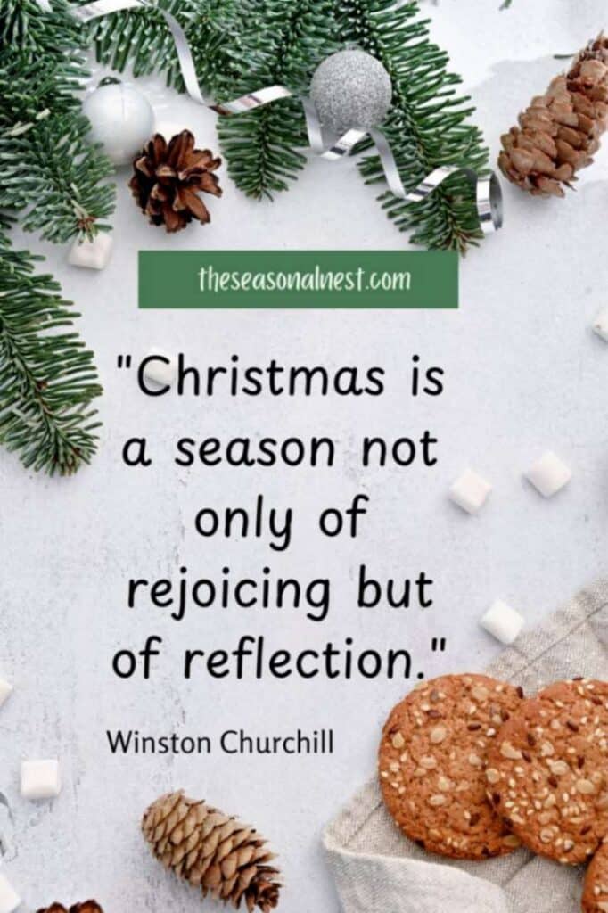 Reflection on Christmas season with cookies, pinecones, and greenery creating a cozy and festive setting for Christmas sayings.