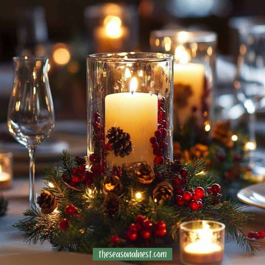 Holiday table centerpiece with candles, berries, and pinecones.