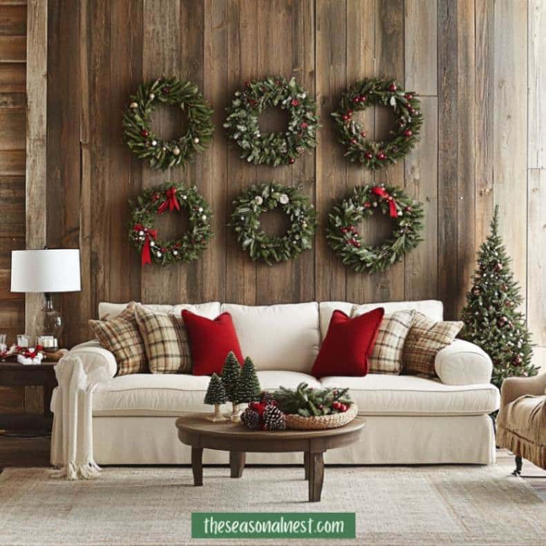 Living room with multiple wreaths on a wooden wall, red accents, and cozy decor.