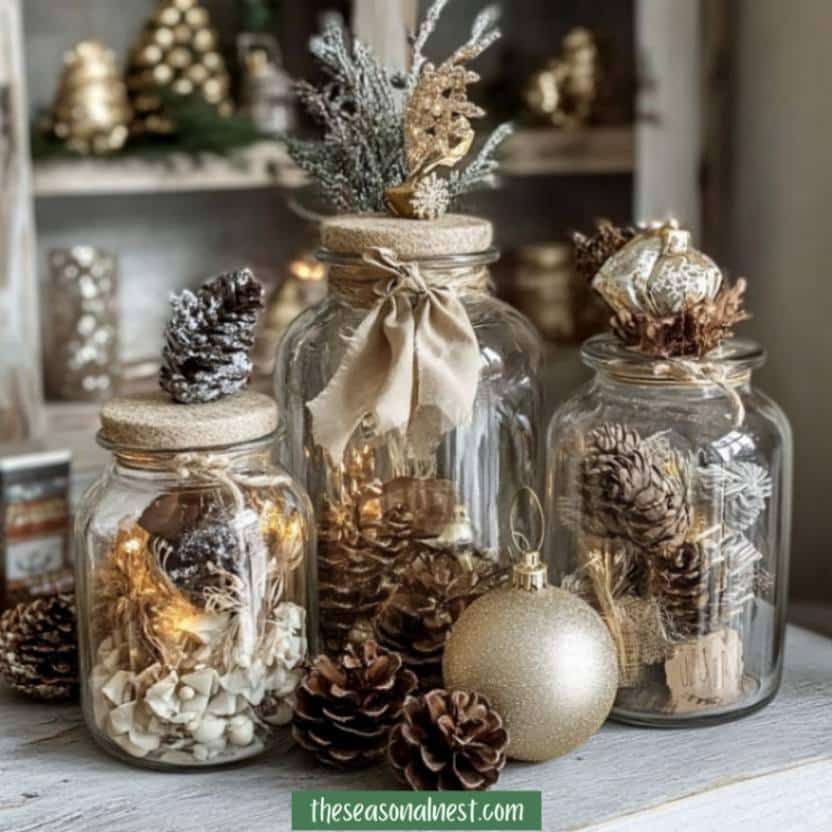 Glass jars filled with pinecones, lights, and holiday decorations.