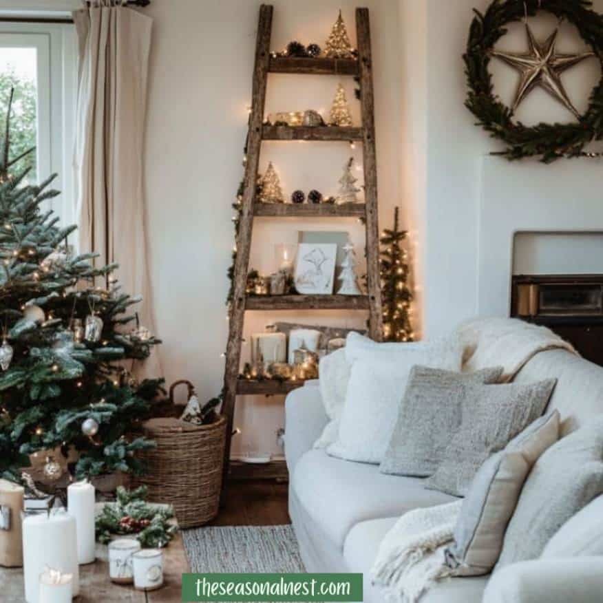 Rustic ladder with festive decor in a cozy living room setup.