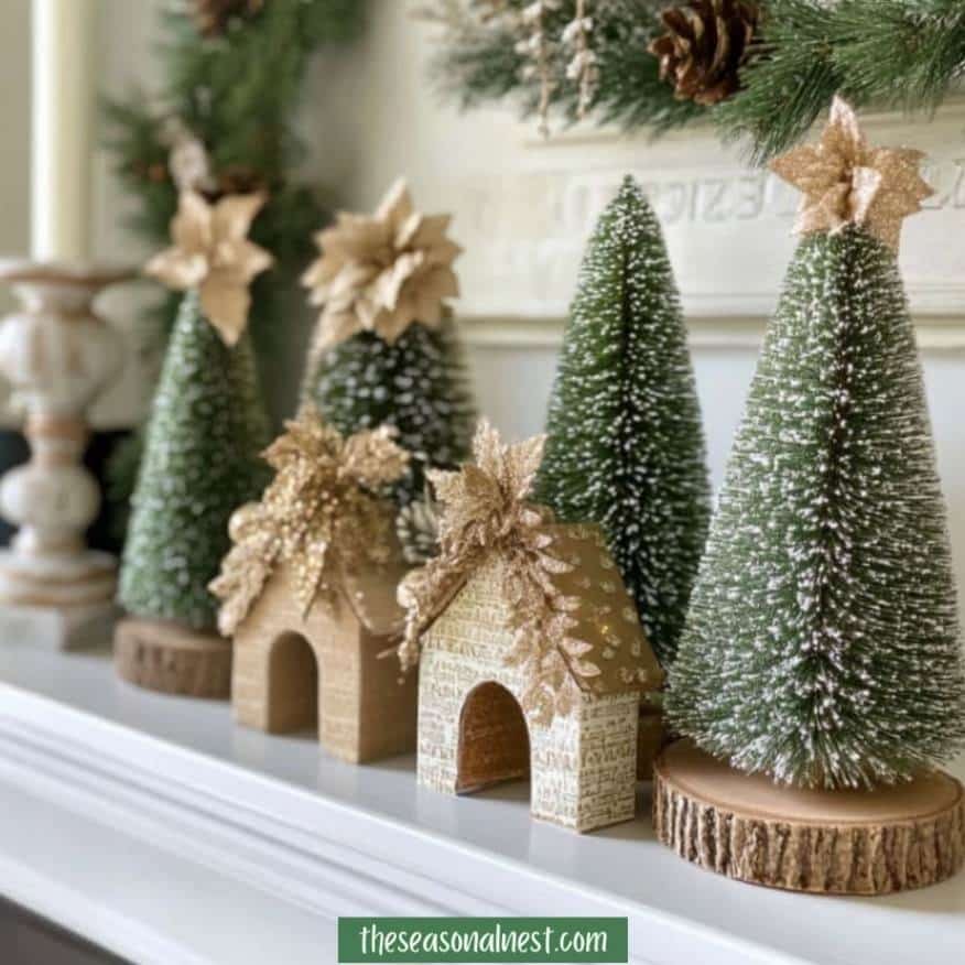 Mantel decorated with bottlebrush trees and golden miniature houses.

