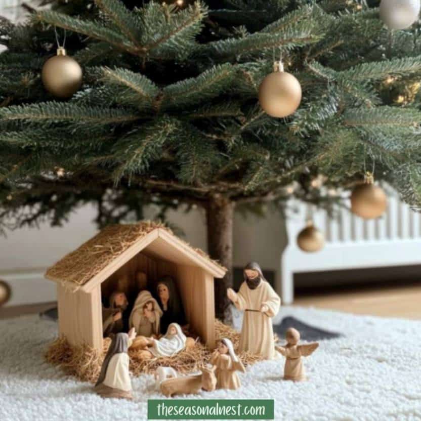 Neutral nativity set under a Christmas tree with gold ornaments and a snowy white base.