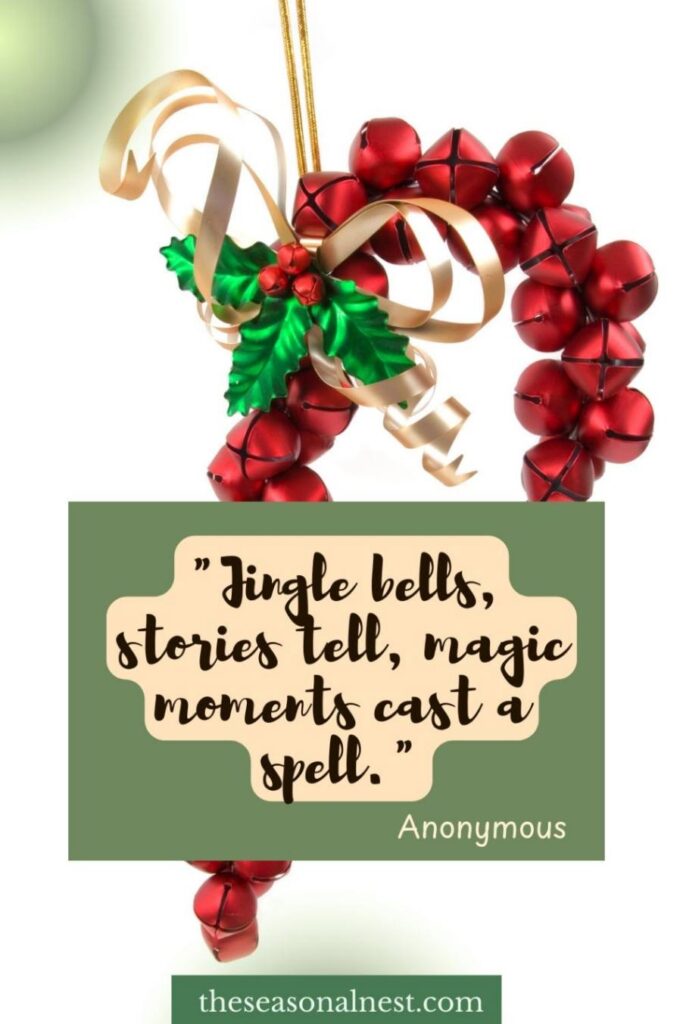 A holiday card adorned with jingle bells and a short Christmas quote.