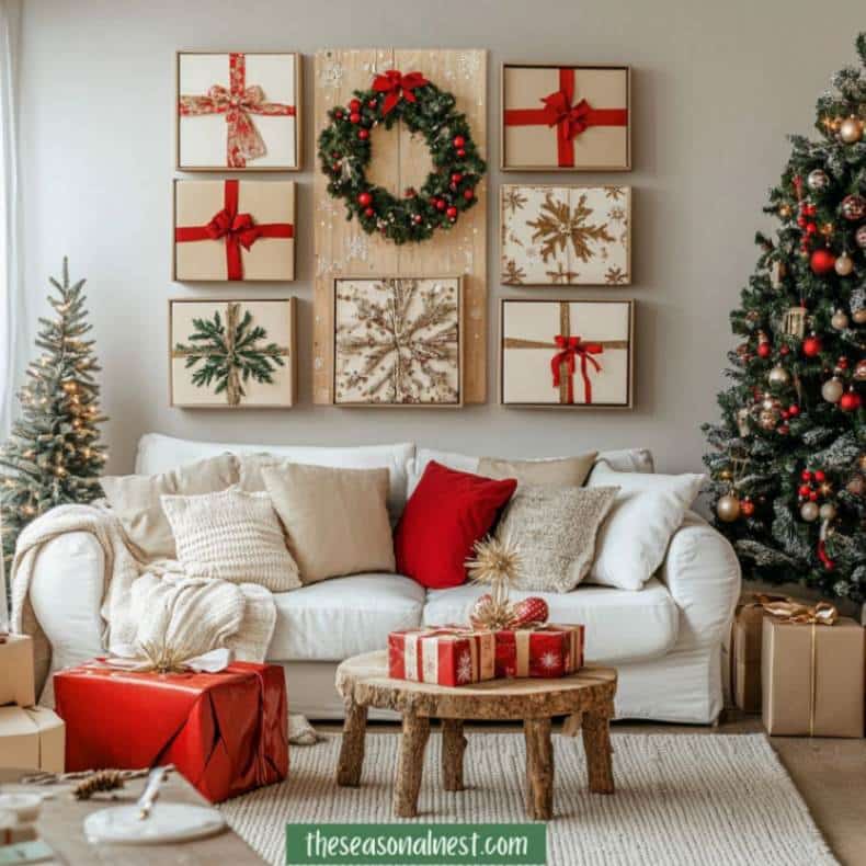 Living room with gift box wall art, a wreath, and Christmas tree decorations.