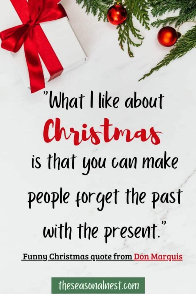 A funny Christmas saying over a grey background adorned with festive baubles and a gift.