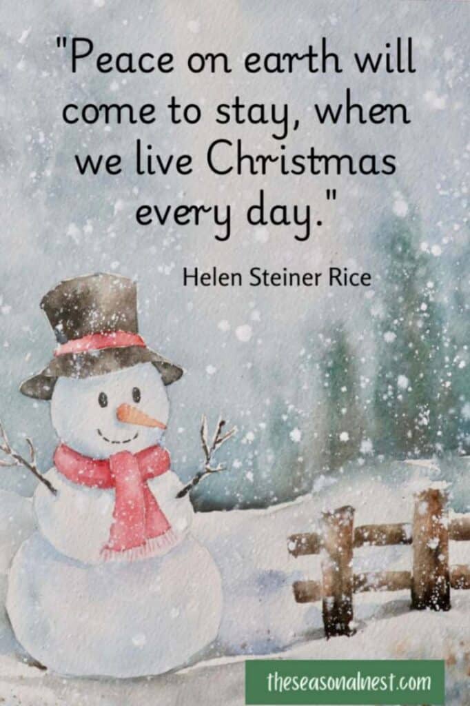 A snowy watercolor featuring a cheerful snowman, paired with an uplifting Christmas quote about living the spirit of the season every day.