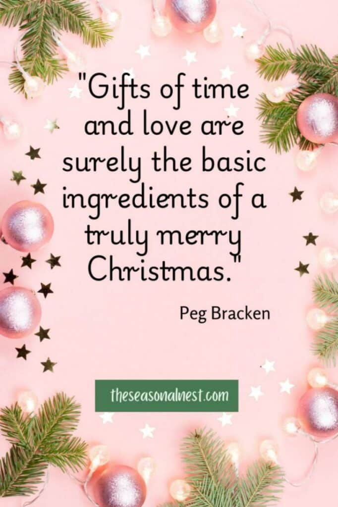 Nice Christmas quote with a soft pink background, festive baubles, and evergreen sprigs highlighting the essence of meaningful gifts.